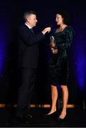 28 November 2019; Hall of Fame winner Sonia O'Sullivan is speaking with MC Greg Allen after being presented with her award during the Irish Life Health National Athletics Awards 2019 at Crowne Plaza Hotel, Blanchardstown, Dublin. Photo by Eóin Noonan/Sportsfile
