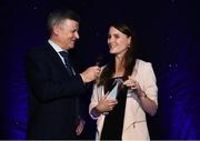 28 November 2019; Athlete of the Year Ciara Mageean speaking with MC Greg Allen after being presented with her award during the Irish Life Health National Athletics Awards 2019 at Crowne Plaza Hotel, Blanchardstown, Dublin. Photo by Eóin Noonan/Sportsfile