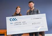 29 November 2019; GAA representative Kevin Sexton presents a cheque to Deidre Walsh of Western Alzheimer's during the GAA Charities Cheque Handover at Canal Café in Croke Park, Dublin. Photo by Harry Murphy/Sportsfile