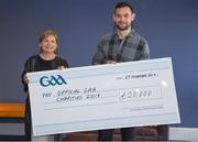 29 November 2019; GAA representative Kevin Sexton presents a cheque to Liz Yates of Marie Keating Foundation during the GAA Charities Cheque Handover at Canal Café in Croke Park, Dublin. Photo by Harry Murphy/Sportsfile