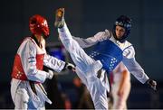 29 November 2019; Konstantin Minin of Russia, right, in action against Nimrod Krivishkiy of Israel during the Taekwondo Europe Olympic Weight Categories Championships at the National Indoor Arena in Abbotstown, Dublin. Photo by Harry Murphy/Sportsfile