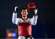 29 November 2019; Stepan Dimitrov of Moldova celebrates after beating Kyliann Bonnet of France in the Quarter-Final during the Taekwondo Europe Olympic Weight Categories Championships at the National Indoor Arena in Abbotstown, Dublin. Photo by Harry Murphy/Sportsfile