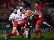 29 November 2019; Marcell Coetzee of Ulster is tackled by Phil Price, left, and Dan Jones of Scarlets during the Guinness PRO14 Round 7 match between Ulster and Scarlets at the Kingspan Stadium in Belfast. Photo by Ramsey Cardy/Sportsfile