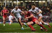 29 November 2019; Ryan Elias of Scarlets is tackled by Stuart McCloskey of Ulster during the Guinness PRO14 Round 7 match between Ulster and Scarlets at the Kingspan Stadium in Belfast. Photo by Ramsey Cardy/Sportsfile