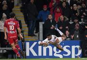 29 November 2019; Robert Baloucoune of Ulster dives over to score his side's fourth try during the Guinness PRO14 Round 7 match between Ulster and Scarlets at the Kingspan Stadium in Belfast. Photo by Ramsey Cardy/Sportsfile