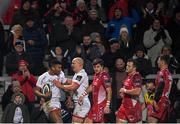 29 November 2019; Robert Baloucoune, left, celebrates with Ulster team-mate Matt Faddes after scoring his side's fourth try during the Guinness PRO14 Round 7 match between Ulster and Scarlets at the Kingspan Stadium in Belfast. Photo by Ramsey Cardy/Sportsfile