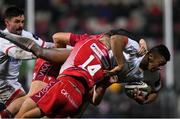 29 November 2019; Robert Baloucoune of Ulster is tackled by Corey Baldwin of Scarlets during the Guinness PRO14 Round 7 match between Ulster and Scarlets at the Kingspan Stadium in Belfast. Photo by Ramsey Cardy/Sportsfile