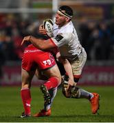 29 November 2019; Marcell Coetzee of Ulster is tackled by Jonathan Evans of Scarlets during the Guinness PRO14 Round 7 match between Ulster and Scarlets at the Kingspan Stadium in Belfast. Photo by Ramsey Cardy/Sportsfile