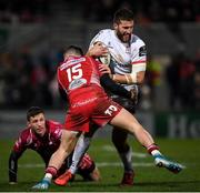 29 November 2019; Stuart McCloskey of Ulster is tackled by Steff Evans of Scarlets during the Guinness PRO14 Round 7 match between Ulster and Scarlets at the Kingspan Stadium in Belfast. Photo by Ramsey Cardy/Sportsfile