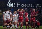29 November 2019; Scarlets players dejected at the final whistle of the Guinness PRO14 Round 7 match between Ulster and Scarlets at the Kingspan Stadium in Belfast. Photo by Ramsey Cardy/Sportsfile