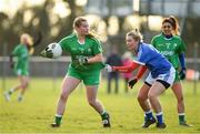 30 November 2019; Maria Byrne of Leinster in action against Saoirse Noonan of Munster during the Ladies Football Interprovincial Round 1 match between Leinster and Munster at Kinnegad in Co Westmeath. Photo by Matt Browne/Sportsfile