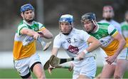 30 November 2019; Jack Sheridan of Kildare in action against Seán Cleary, left, and Aidan Treacy of Offaly during the Kehoe Cup Round 1 match between Offaly and Kildare at St Brendan's Park in Birr, Co Offaly. Photo by Piaras Ó Mídheach/Sportsfile