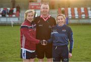 30 November 2019; Referee Niall McCormack with Tracey Leonard captain of Connacht and Melissa Duggan captain of Munster before the Ladies Football Interprovincial Final match between Munster and Connact at Kinnegad in Co Westmeath. Photo by Matt Browne/Sportsfile
