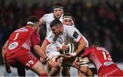 29 November 2019; Sean Reidy of Ulster is tackled by Phil Price, left, and Steff Hughes of Scarlets during the Guinness PRO14 Round 7 match between Ulster and Scarlets at the Kingspan Stadium in Belfast. Photo by Ramsey Cardy/Sportsfile