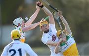 30 November 2019; Caolan Smith of Kildare in action against Daniel Doughan, left, and Liam Langton of Offaly during the Kehoe Cup Round 1 match between Offaly and Kildare at St Brendan's Park in Birr, Co Offaly. Photo by Piaras Ó Mídheach/Sportsfile