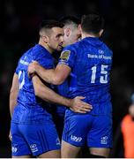 30 November 2019; Cian Kelleher, left, celebrates with Leinster team-mates after scoring his side's first try during the Guinness PRO14 Round 7 match between Glasgow Warriors and Leinster at Scotstoun Stadium in Glasgow, Scotland. Photo by Ramsey Cardy/Sportsfile