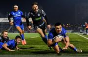 30 November 2019; Cian Kelleher of Leinster dives over to score his and his side's second try during the Guinness PRO14 Round 7 match between Glasgow Warriors and Leinster at Scotstoun Stadium in Glasgow, Scotland. Photo by Ramsey Cardy/Sportsfile