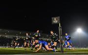 30 November 2019; Cian Kelleher of Leinster dives over to score his and his side's second try during the Guinness PRO14 Round 7 match between Glasgow Warriors and Leinster at Scotstoun Stadium in Glasgow, Scotland. Photo by Ramsey Cardy/Sportsfile