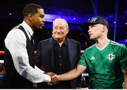30 November 2019; Carl Frampton, right, with WBO junior lightweight title Champion Jamel Herring, left, and Top Rank CEO Bob Arum following his super-featherweight bout at the Cosmopolitan of Las Vegas in Las Vegas, Nevada, United States. Photo by Mikey Williams/Top Rank/Sportsfile