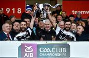 1 December 2019; Conor Laverty and Aidan Brannigan of Kilcoo holds aloft the Seamus McFerran Cup after the AIB Ulster GAA Football Senior Club Championship Final match between Kilcoo and Naomh Conaill at Healy Park in Omagh, Tyrone. Photo by Oliver McVeigh/Sportsfile