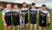 1 December 2019; Kilcoo brothers Aaron, Darryl, Aidan , Eugene, and Niall Brannigan celebrate with the Seamus McFerran cup after the AIB Ulster GAA Football Senior Club Championship Final match between Kilcoo and Naomh Conaill at Healy Park in Omagh, Tyrone. Photo by Oliver McVeigh/Sportsfile