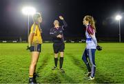 3 December 2019; DCU captain Ciara Finnegan, left, referee Jonathan Murphy, centre, and UL captain Shauna Howley prior to the Gourmet Food Parlour HEC Ladies Division 1 League Final match between Dublin City University and University of Limerick at Stradbally GAA, Co Laois. Photo by Eóin Noonan/Sportsfile