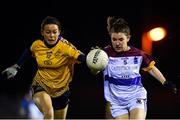 3 December 2019; Joanne Cregg of UL in action against Amy Gavin Mangan of DCU during the Gourmet Food Parlour HEC Ladies Division 1 League Final match between Dublin City University and University of Limerick at Stradbally GAA, Co Laois. Photo by Eóin Noonan/Sportsfile