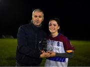 3 December 2019; Eimear Scally of UL receives the Player of the Match award from Donal Barry, HEC Chairperson, following the Gourmet Food Parlour HEC Ladies Division 1 League Final between Dublin City University and University of Limerick at Stradbally GAA Club, Co. Laois. Photo by Eoin Noonan/Sportsfile