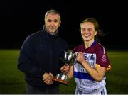 3 December 2019; UL captain Shauna Howley receives the O’Rourke Cup from Donal Barry, HEC Chairperson, following the Gourmet Food Parlour HEC Ladies Division 1 League Final between Dublin City University and University of Limerick at Stradbally GAA Club, Co. Laois. Photo by Eoin Noonan/Sportsfile