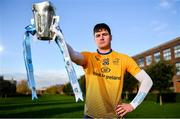 4 December 2019; Brendan McCole of DCU Dóchas Éireann poses for a portrait with the Sigerson Cup during the Electric Ireland Higher Education GAA Championships Launch and Draw at DCU, Dublin. Photo by Sam Barnes/Sportsfile