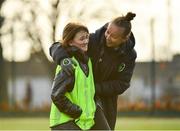 4 December 2019; Katelyn Cullen of Scoil Chiarain, Glasnevin, Dublin, left, with Pearl Slattery, FAI Development Officer, during the FAI Getting Girls Active Programme at Crumlin United, Windmill Road, Dublin. Photo by Seb Daly/Sportsfile