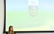 4 December 2019; Maeve Galvin, Sponsorship Programme Manager, Electric Ireland, speaking during the Electric Ireland Higher Education GAA Championships Launch and Draw at DCU, Dublin. Photo by Piaras Ó Mídheach/Sportsfile