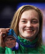 4 December 2019; Mona McSharry of Ireland with her bronze medal after the Women's 50m Breaststroke Final during Day One of the European Short Course Swimming Championships 2019 at Tollcross International Swimming Centre in Glasgow, Scotland. Photo by Sportsfile