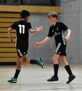 5 December 2019; Jamie O'Brien, right, of St. Franics College, Rochestown, Co Cork celebrates after scoring a goal with team-mate Noah Sowinski during the match between St. Francis College and Rice College at the FAI Post Primary Schools Futsal National Finals in the WIT Arena, Waterford United. Photo by David Fitzgerald/Sportsfile