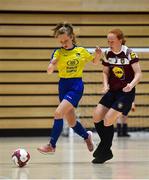 5 December 2019; Lauren Devaney of St. Clare's Comprehensive School, Manorhamilton, Co Leitrim in action against Ciara Shelly of Presentation Secondary School, Thurles, Co Tipperary during the match between St. Clare's CS and Presentation SS Thurles at the FAI Post Primary Schools Futsal National Finals in the WIT Arena, Waterford United. Photo by David Fitzgerald/Sportsfile