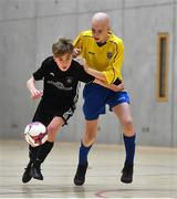 5 December 2019; Jamie O'Brien of St. Franics College, Rochestown, Co Cork in action against Eamonn Armstrong of St. Mary's Diocesan School, Drogheda, Co Louth during the match between St. Francis College and St Mary's Diocesan School at the FAI Post Primary Schools Futsal National Finals in the WIT Arena, Waterford United. Photo by David Fitzgerald/Sportsfile