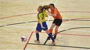 5 December 2019; Jodie Loughrey of Scoil Mhuire Secondary School, Buncrana, Co Donegal in action against Lauren Devaney of St. Clare's Comprehensive School, Manorhamilton, Co Leitrim during the match between Presentation SS Wexford and Presentation SS Thurles at the FAI Post Primary Schools Futsal National Finals in the WIT Arena, Waterford United. Photo by David Fitzgerald/Sportsfile