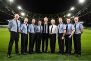 5 December 2019; Republic of Ireland Manager Mick McCarthy, centre, with members of An Garda Síochána, from left, Sargent Michael Nagle, Garda Mark Walsh, Garda John Donnelly, Garda Susan Lauster, Chief-Superintendent Lorraine Wheatley, Inspector Christopher Grogan, Garda Shane Griffin and Sargent Colm Kelly at the launch of the 2019 Dublin South Central Garda Youth Awards, in association with Aviva. The awards celebrate outstanding young people aged between 13 and 21 years of age and recognise the good work being done by young people throughout the communities of Dublin South Central. See garda.ie for further details. Photo by Eóin Noonan/Sportsfile