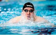 6 December 2019; Eoin Corby of Ireland competes in the heats of the Men's 100m Breaststroke during day three of the European Short Course Swimming Championships 2019 at Tollcross International Swimming Centre in Glasgow, Scotland. Photo by Joseph Kleindl/Sportsfile