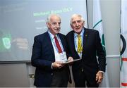 6 December 2019; The OFI Athletes’ Commission are hosting the EOC Athletes Forum in Dublin this weekend. On the opening evening, Ronnie Delany, President of the Irish Olympians, presented OLY pins and a World Olympians Association certificate to Michael Ryan OLY. Photo by Ramsey Cardy/Sportsfile