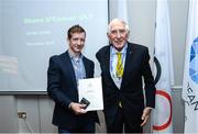 6 December 2019; The OFI Athletes’ Commission are hosting the EOC Athletes Forum in Dublin this weekend. On the opening evening, Ronnie Delany, President of the Irish Olympians, presented OLY pins and a World Olympians Association certificate to Shane O Connor OLY. Photo by Ramsey Cardy/Sportsfile