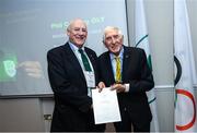 6 December 2019; The OFI Athletes’ Commission are hosting the EOC Athletes Forum in Dublin this weekend. On the opening evening, Ronnie Delany, President of the Irish Olympians, presented OLY pins and a World Olympians Association certificate to Phil Conway OLY. Photo by Ramsey Cardy/Sportsfile