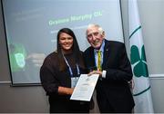 6 December 2019; The OFI Athletes’ Commission are hosting the EOC Athletes Forum in Dublin this weekend. On the opening evening, Ronnie Delany, President of the Irish Olympians, presented OLY pins and a World Olympians Association certificate to Grainne Murphy OLY. Photo by Ramsey Cardy/Sportsfile