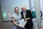 6 December 2019; The OFI Athletes’ Commission are hosting the EOC Athletes Forum in Dublin this weekend. On the opening evening, Ronnie Delany, President of the Irish Olympians, presented OLY pins and a World Olympians Association certificate to Natalya Coyle OLY. Photo by Ramsey Cardy/Sportsfile
