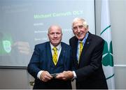 6 December 2019; The OFI Athletes’ Commission are hosting the EOC Athletes Forum in Dublin this weekend. On the opening evening, Ronnie Delany, President of the Irish Olympians, presented OLY pins and a World Olympians Association certificate to Michael Carruth OLY. Photo by Ramsey Cardy/Sportsfile