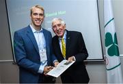 6 December 2019; The OFI Athletes’ Commission are hosting the EOC Athletes Forum in Dublin this weekend. On the opening evening, Ronnie Delany, President of the Irish Olympians, presented OLY pins and a World Olympians Association certificate to David Harte OLY. Photo by Ramsey Cardy/Sportsfile