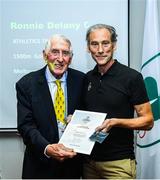 6 December 2019; The OFI Athletes’ Commission are hosting the EOC Athletes Forum in Dublin this weekend. On the opening evening Ronnie Delany, President of the Irish Olympians, was presented with an OLY pin and a World Olympians Association certificate by Mike Miller, CEO, World Olympians Association. Photo by Ramsey Cardy/Sportsfile