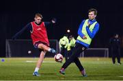 6 December 2019; Killian Phillips of Baldoyle in action against Jamie Ryan of D2 FC during the Late Nite League Finals at Irishtown Stadium in Dublin. Photo by Harry Murphy/Sportsfile