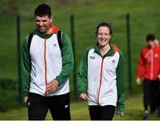 7 December 2019; Fionnuala McCormack of Ireland, right, with team physio Declan Monaghan ahead of the start of the European Cross Country Championships 2019 at Bela Vista Park in Lisbon, Portugal. Photo by Sam Barnes/Sportsfile