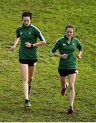 7 December 2019; Ireland athletes Una Britton, left, and Fionnuala McCormack ahead of the start of the European Cross Country Championships 2019 at Bela Vista Park in Lisbon, Portugal. Photo by Sam Barnes/Sportsfile